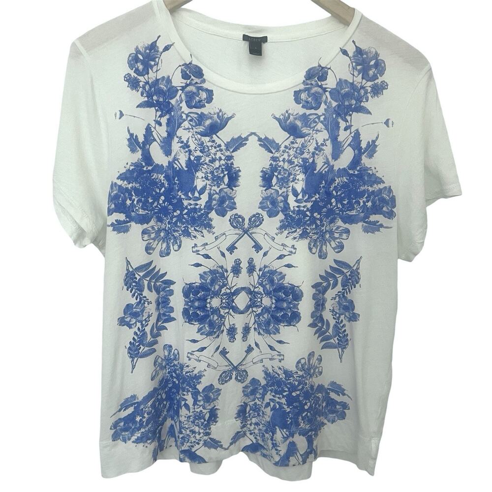 J.Crew Blue Floral Painted Graphic Key T-Shirt White Women's Large 100% Cotton